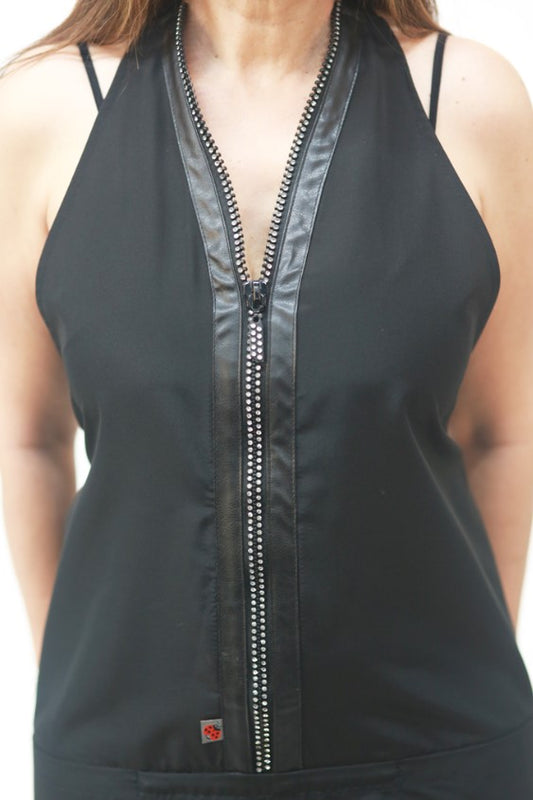 STYLIST PRO SALON  RHINESTONE LONG ZIPPER APRON  BLACK ONE SIZE #150