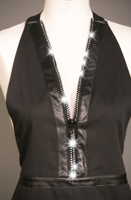 STYLIST RHINESTONE FRONT ZIPPER APRON BLACK ONE SIZE #270