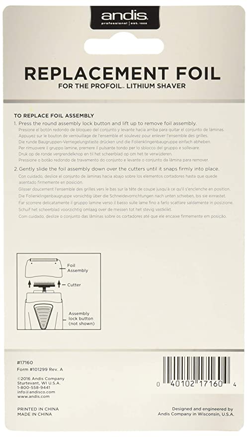 Lámina de repuesto para afeitadora Andis ProFoil, TS-1/TS-2, n.º 17160 