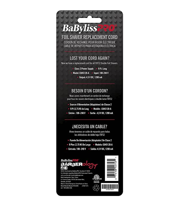 BABYLISS PRO FOIL SHAVER ADAPTER CORD FXFSCORD